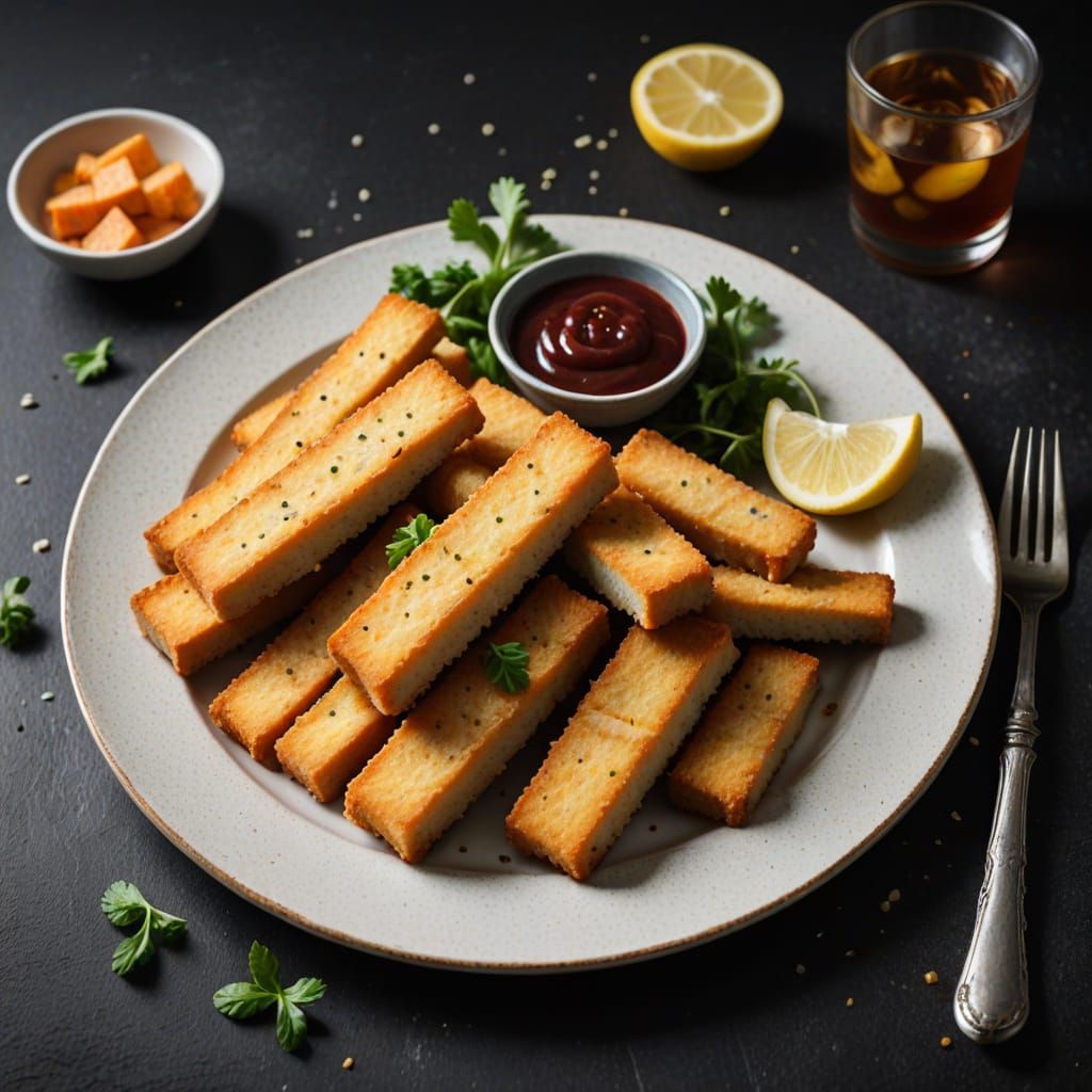 Pretty plate of fishfingers birdseyes view.