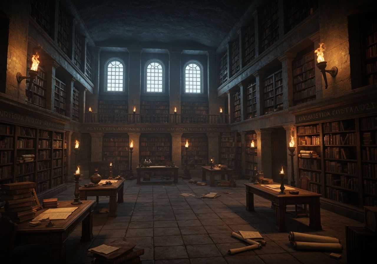 Ancient Underground Tomb Library in Cinematic Lighting