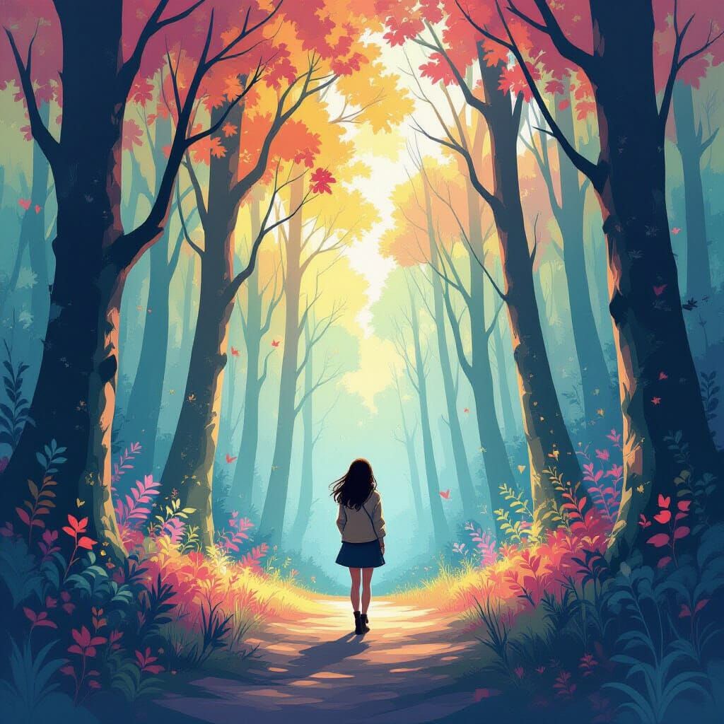 Dreamlike Forest Scene with Woman in Thought