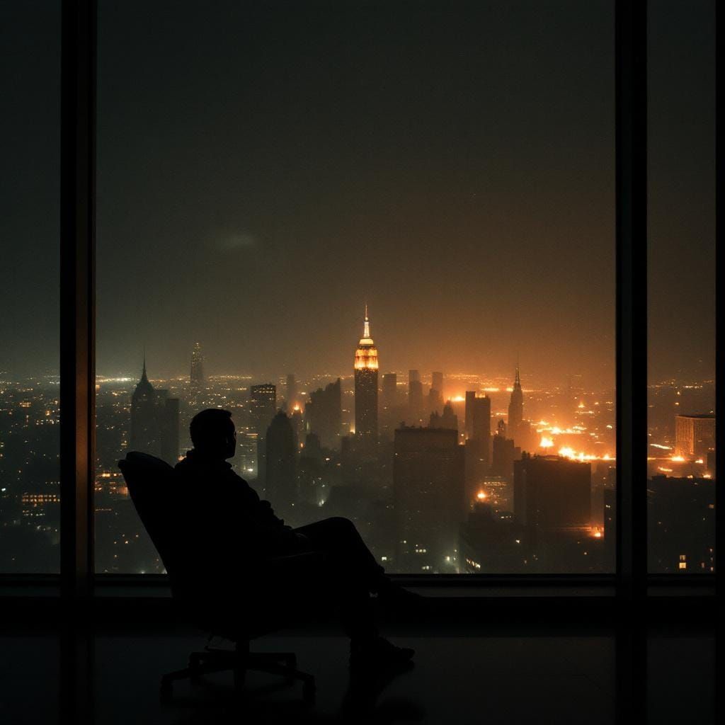 Solitary Figure Silhouetted in Dying Cityscape
