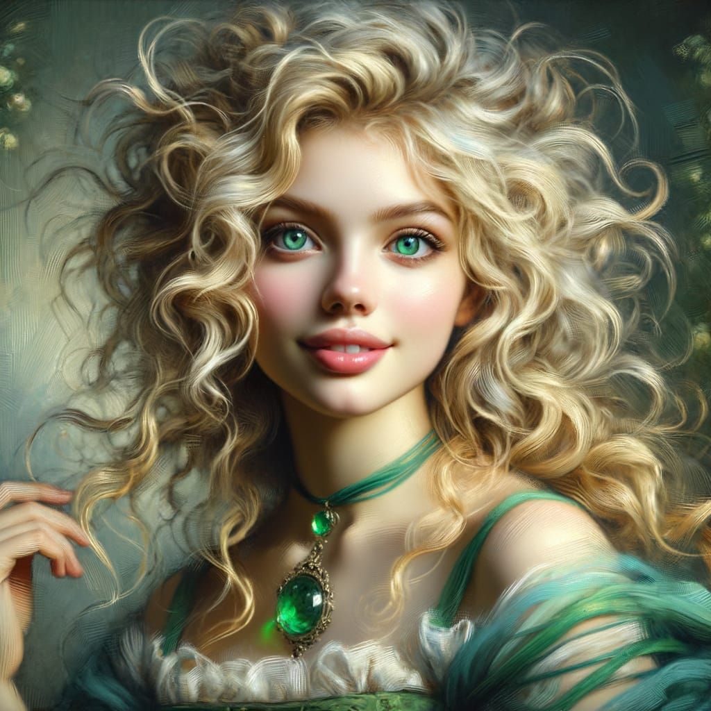 Norse Goddess Fréyja in Emerald Rococo Oil Painting
