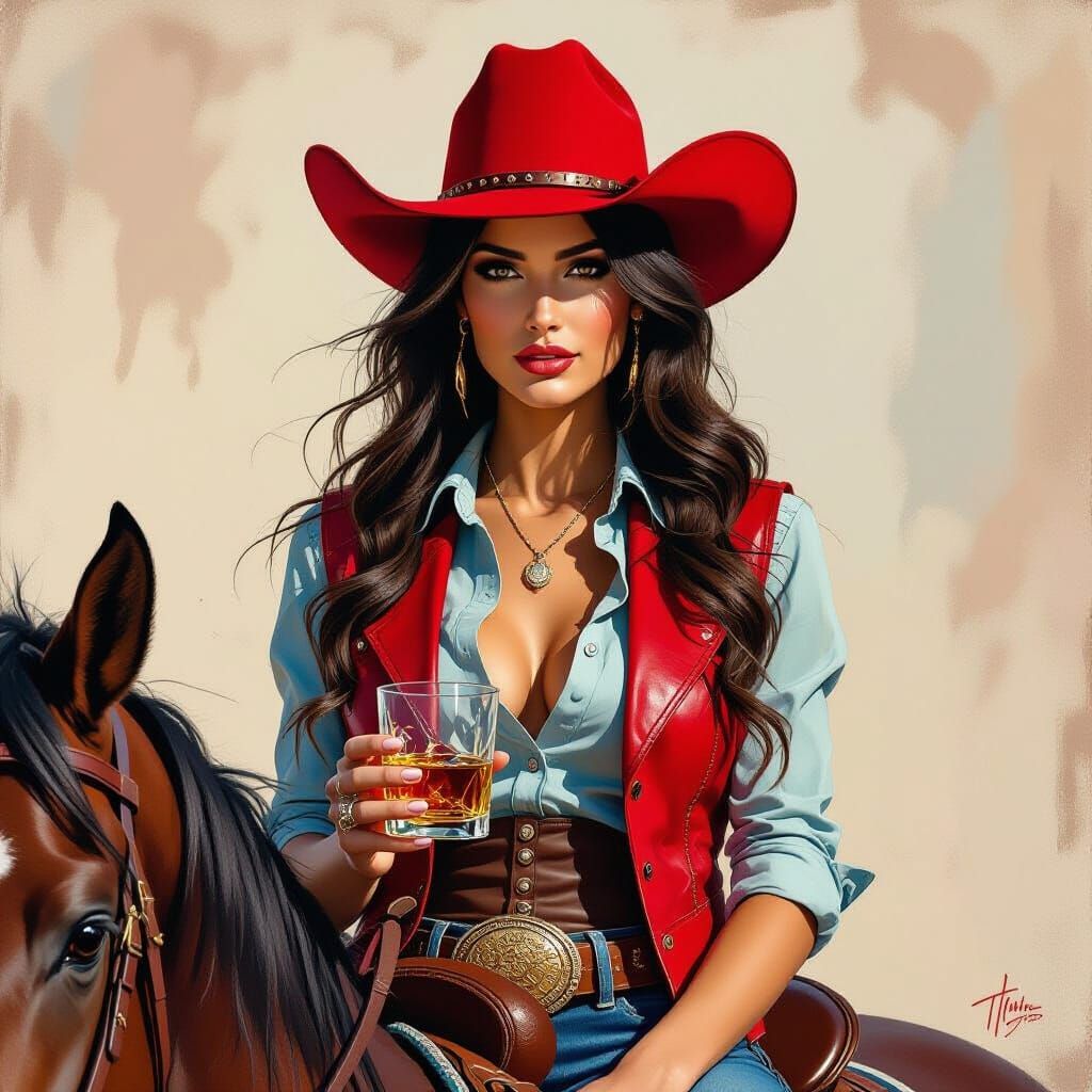 Dark-Haired Cowgirl on Mustang as Oil Painting