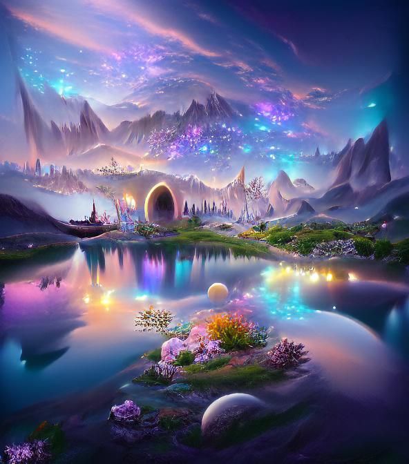 Iridescent Fantasy Mountain Landscape at Night