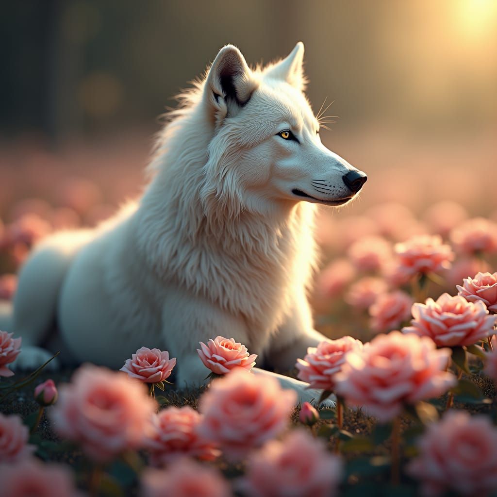 Ethereal White Wolf in a Bed of Roses