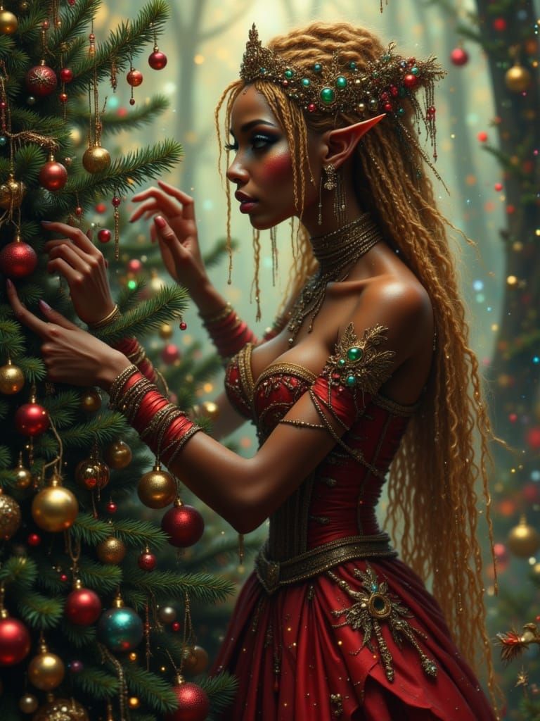 African Elf Princess Decorates Christmas Tree