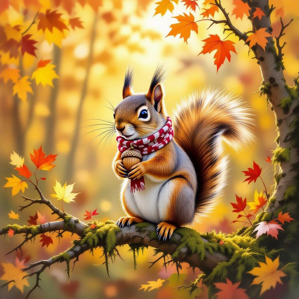 Squirrel in Autumn Forest, Watercolour Painting