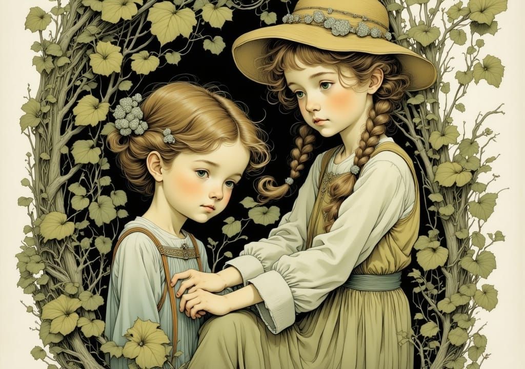 Dreamlike Girl in Whimsical Foliage, Art Nouveau Style