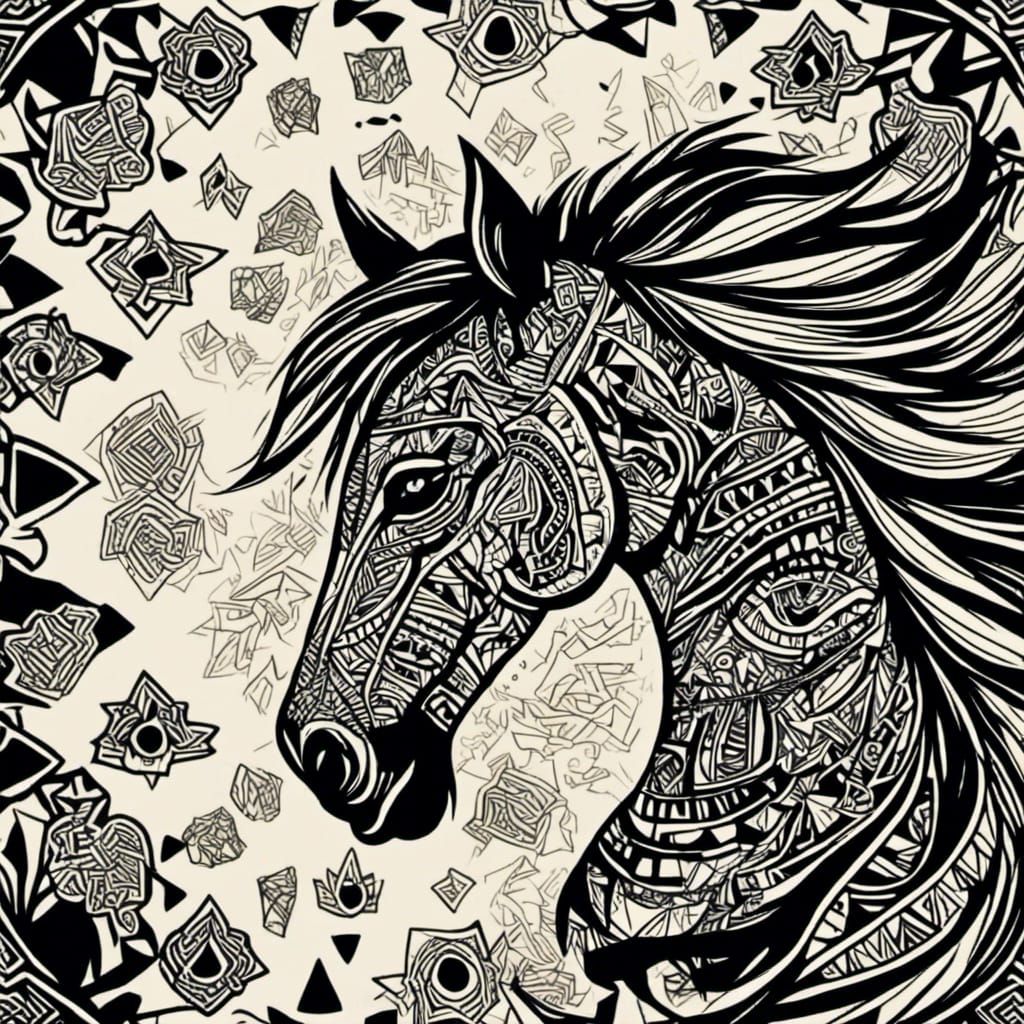 Wild Horse with Aztec Background in Screen Print Style