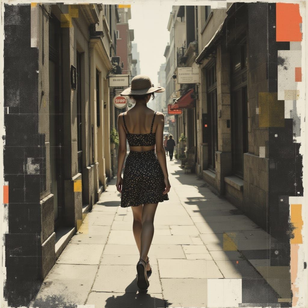 Woman Walking on Quiet Sunlit Urban Street