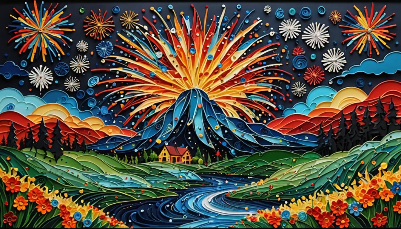 Fireworks Landscape in Reverse Glass Painting Style