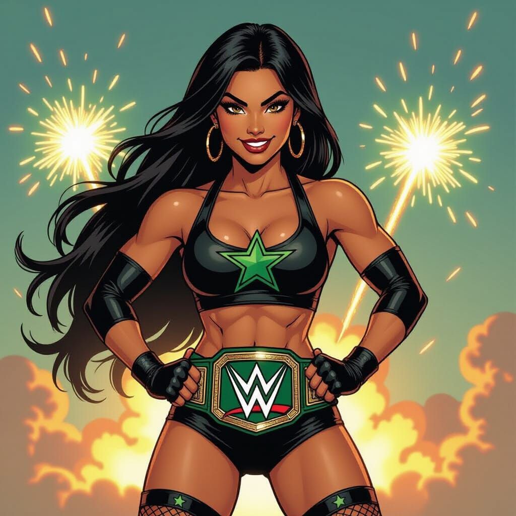 Latina Wrestler With Championship Belt and Pyro