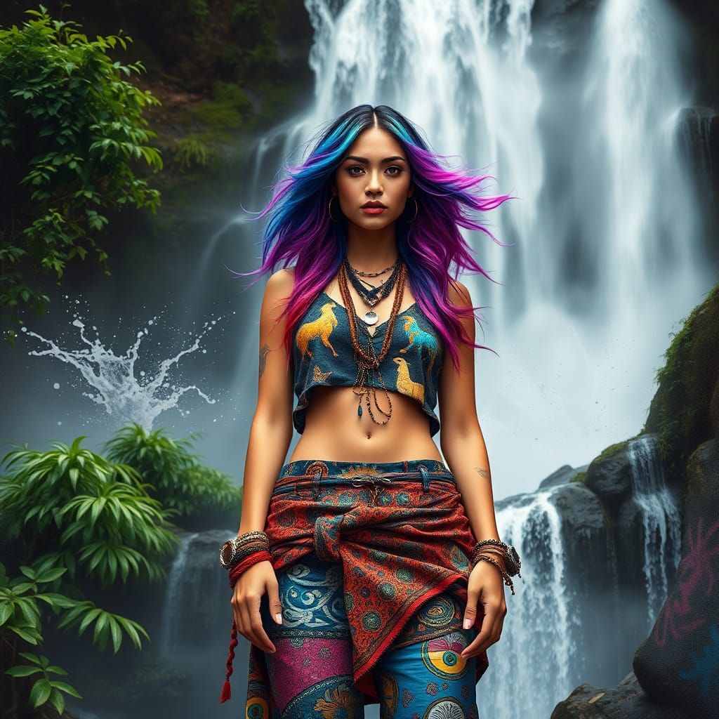 Woman in Street Art Style at Waterfall