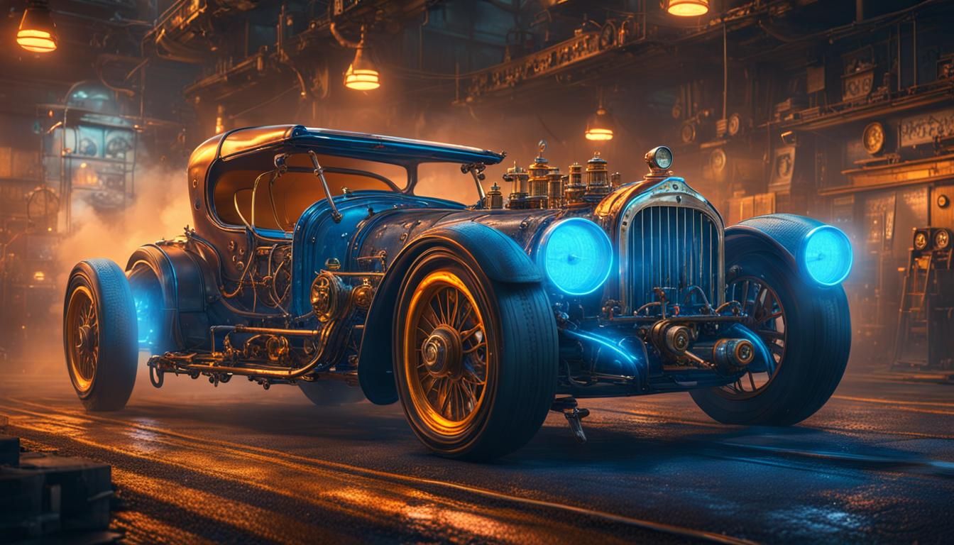 Steampunk Sports Car Drag Race at Dusk