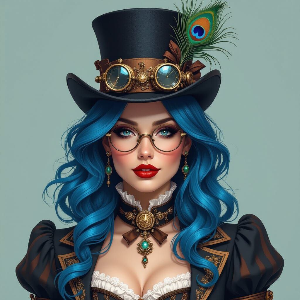 Steampunk Woman with Embroidered Hat and Peacock Feather