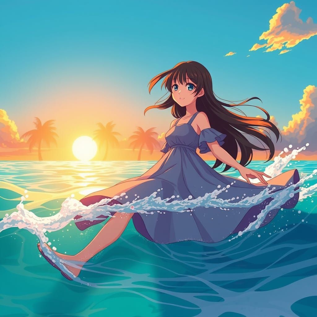 Anime Girl in Sunset Beach Scene, Flat Style, Manga-Inspired