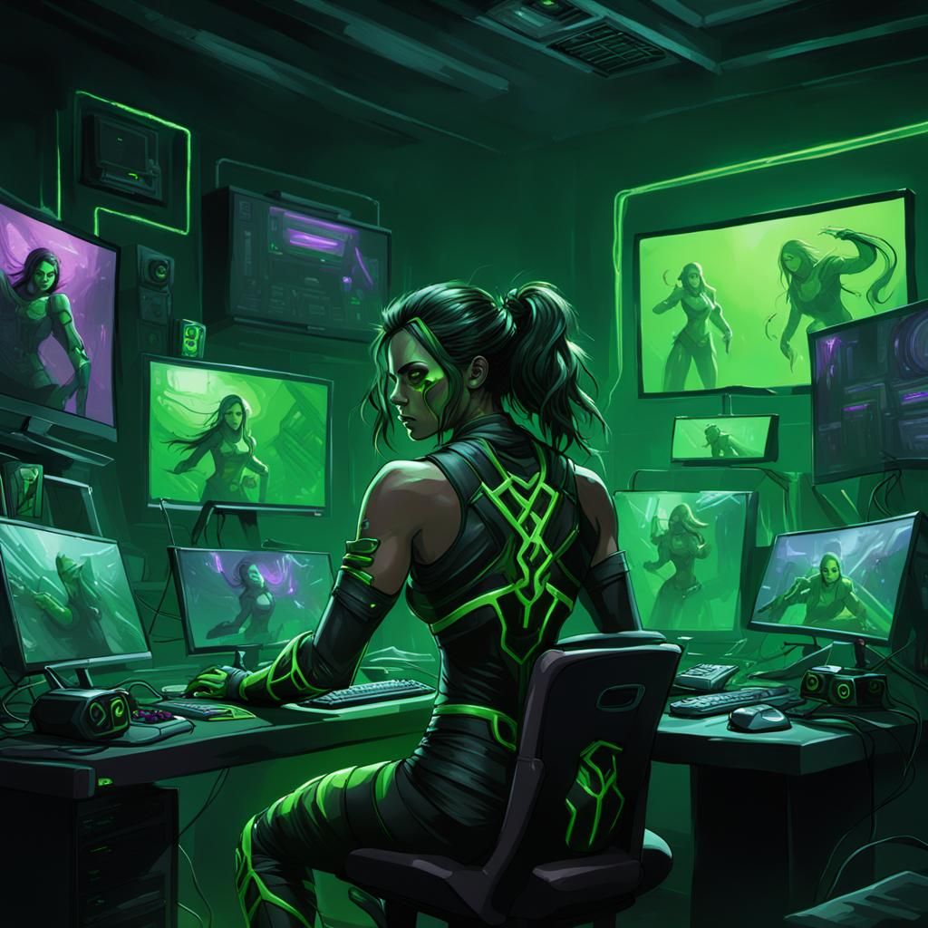 Eerie Dark Fantasy Ninja Gamer Girl in Neon-Lit Ambiance