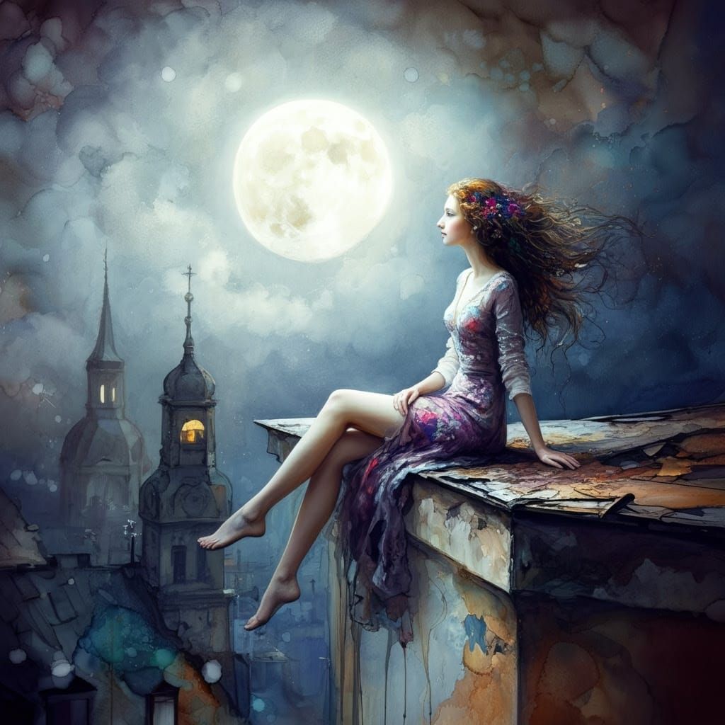 Dreamy Woman in Moonlit Rooftop Glow