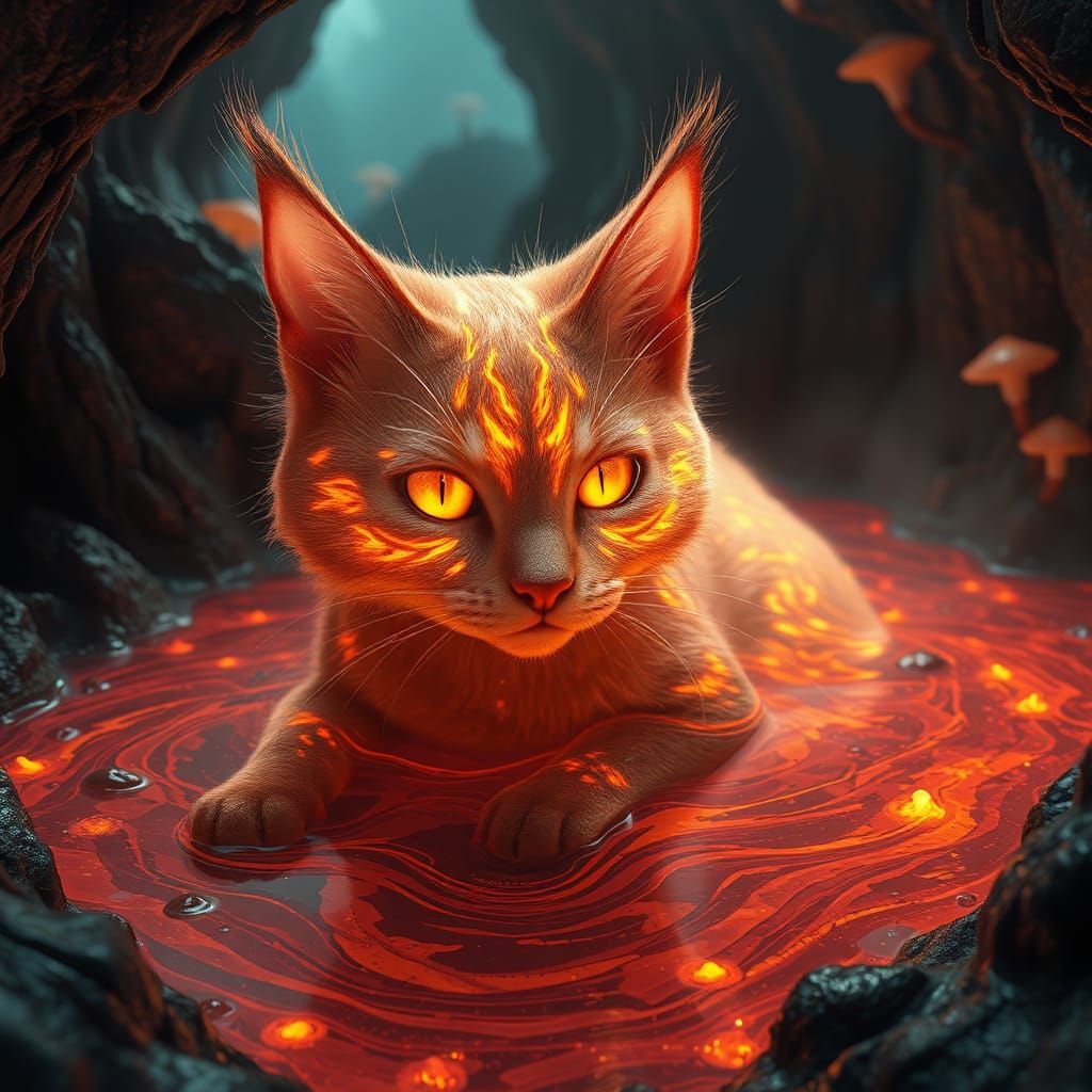 Mystical Lava Cat in a Fantasy Cavern