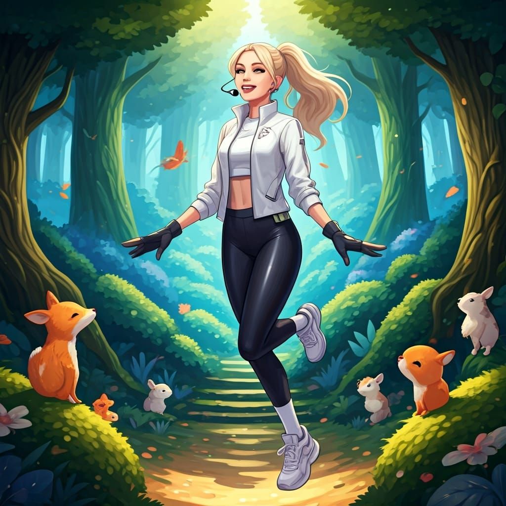 Woman Leaping in Forest, Comic Art Style
