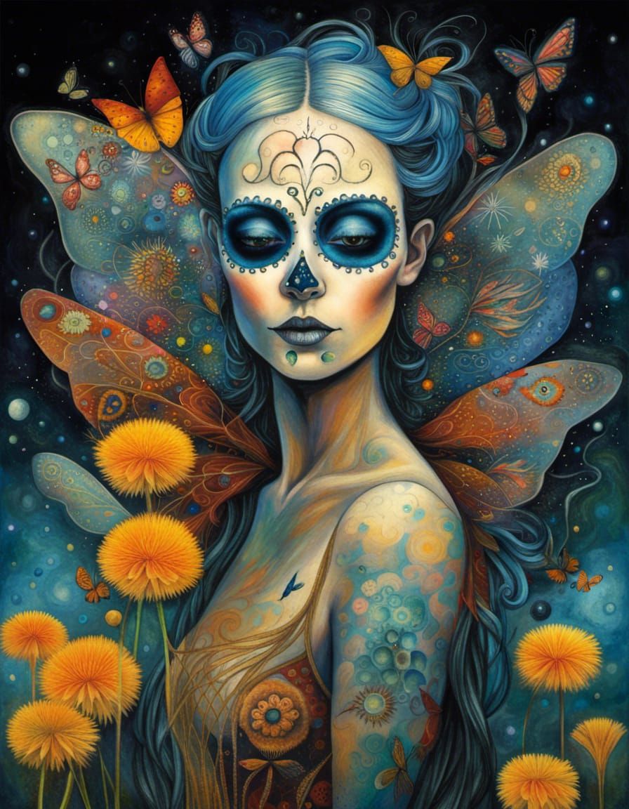 Fairy with Butterfly Wings in Dandelion Dreamscape