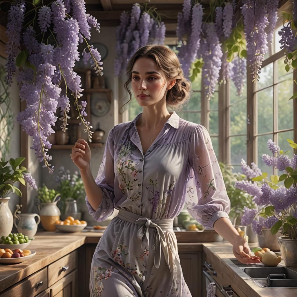 Hyperrealistic Woman Dancing with Wisteria Garden
