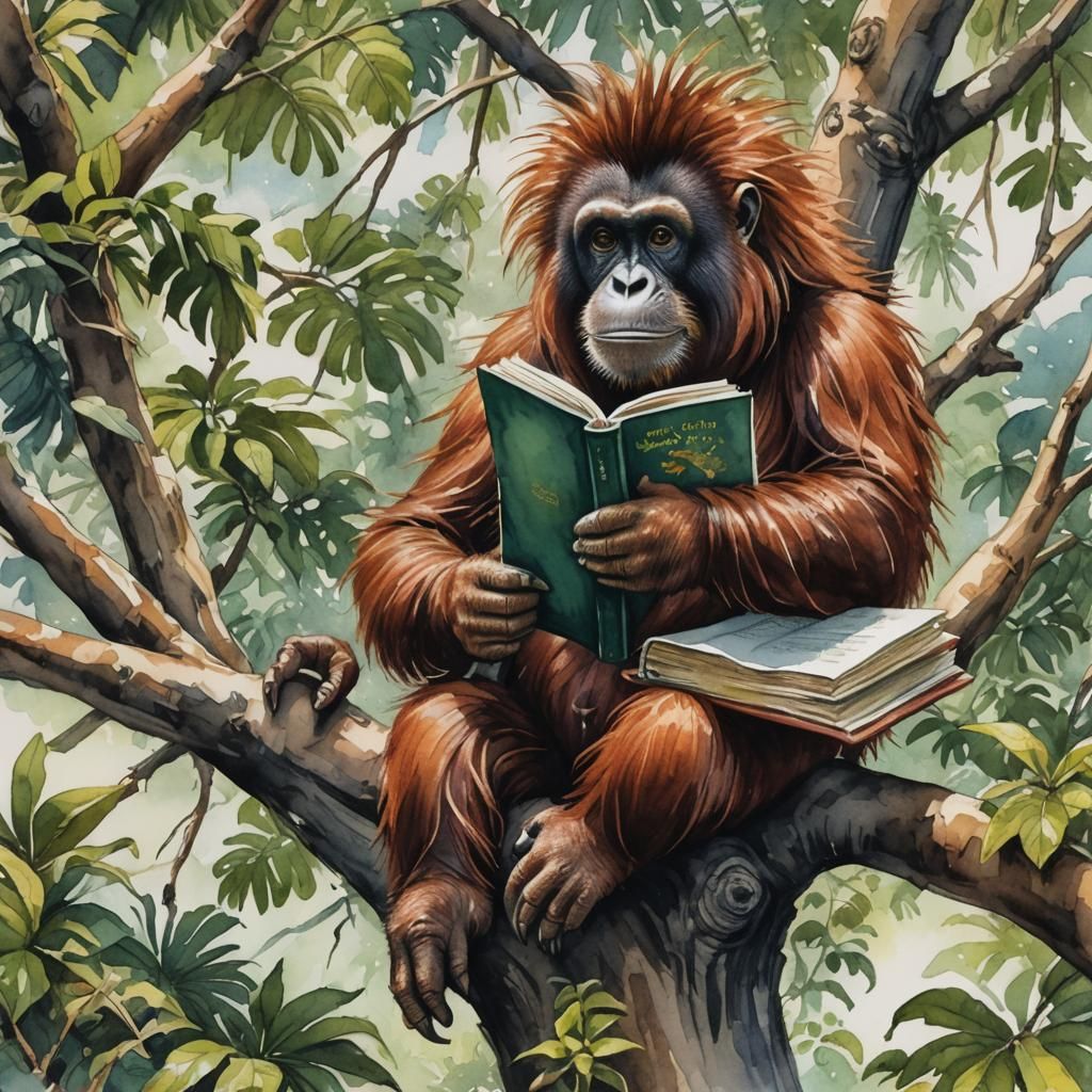 Orangutan-Porcupine Hybrid Reads in Tree, Watercolor Style