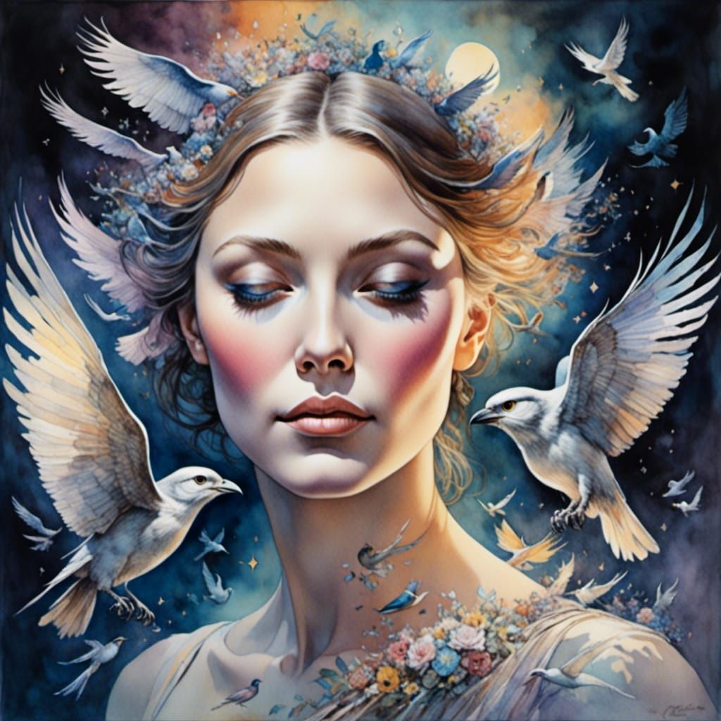 Woman Surrounded by Birds in Romantic Watercolor Style