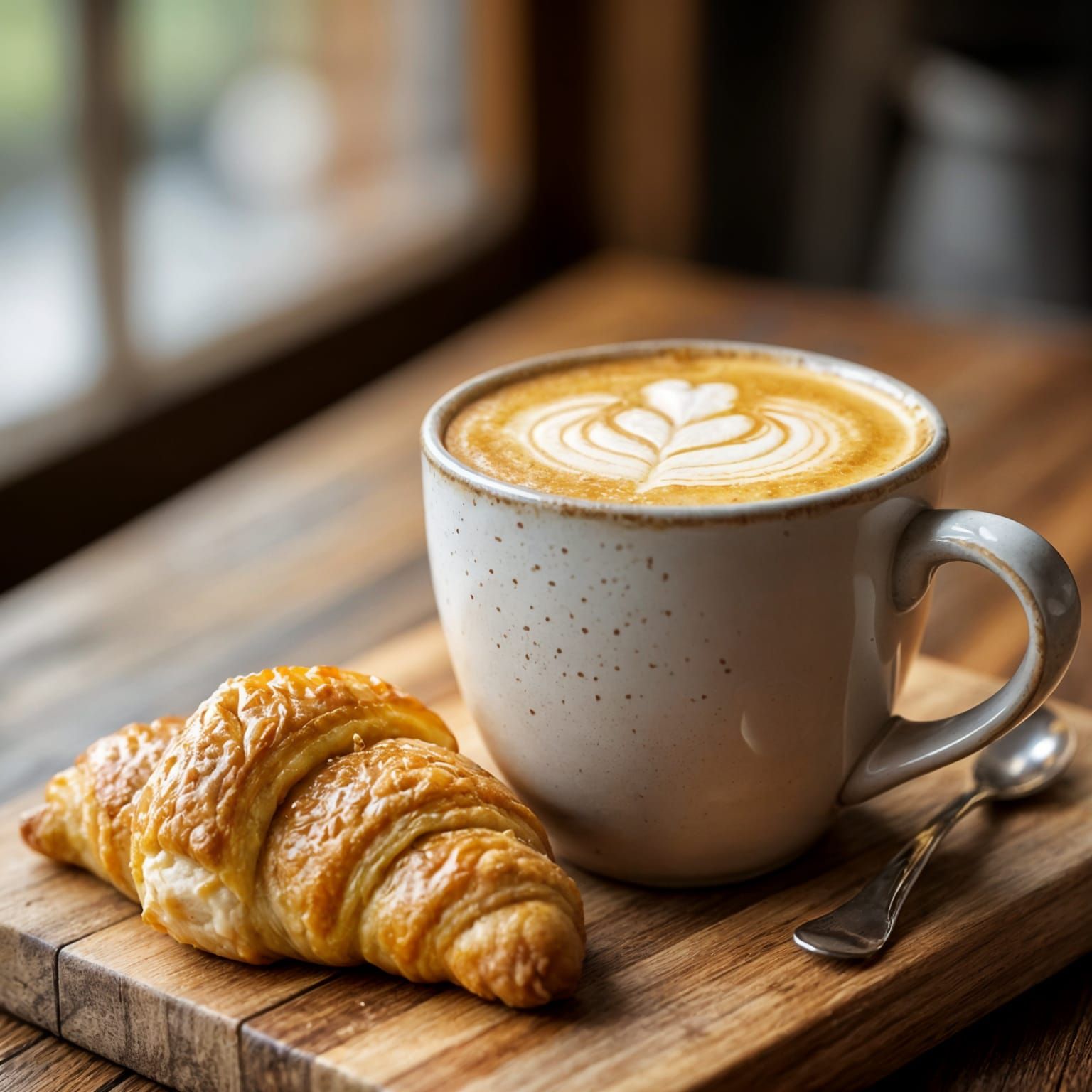 Realistic Cappuccino and Croissant on Wooden Board