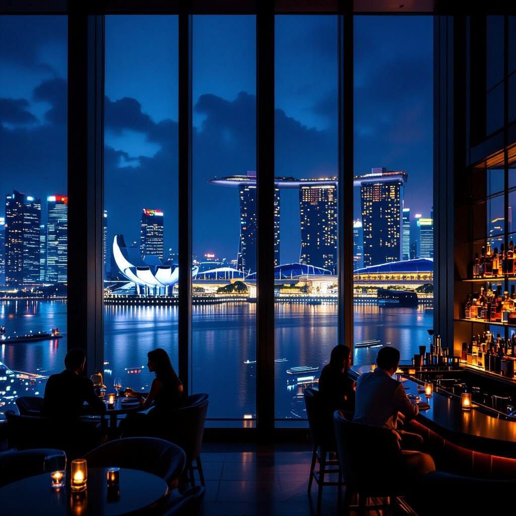 Luxurious Bar Overlooking Marina Bay Sands at Night