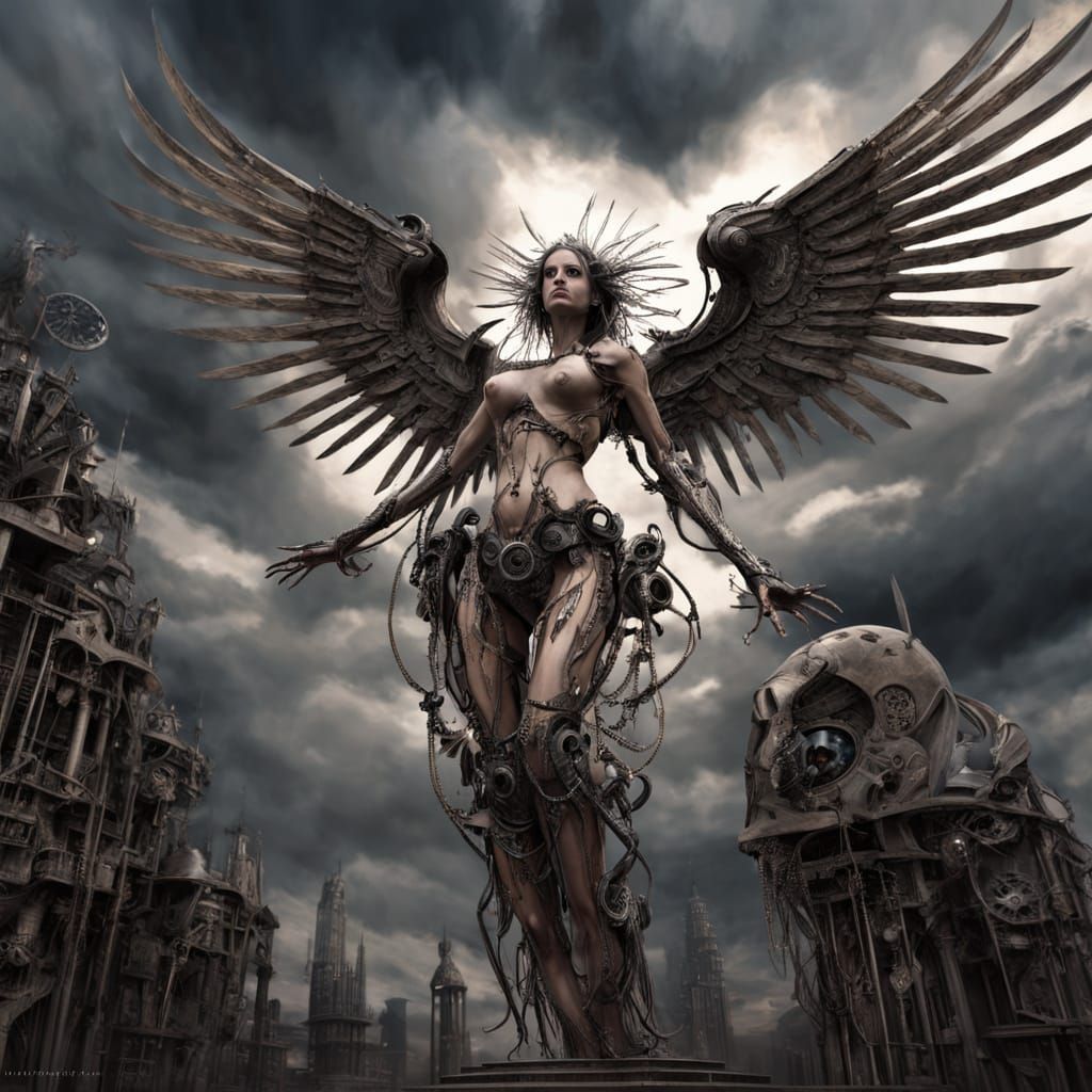 Biomechanical Angel Descends in Dark, Ominous Skies