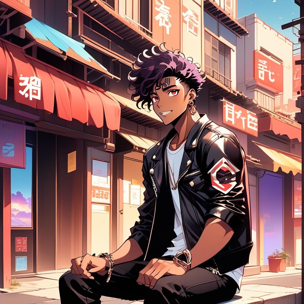 Anime Boy in 80's Style Leathers Sitting on Street