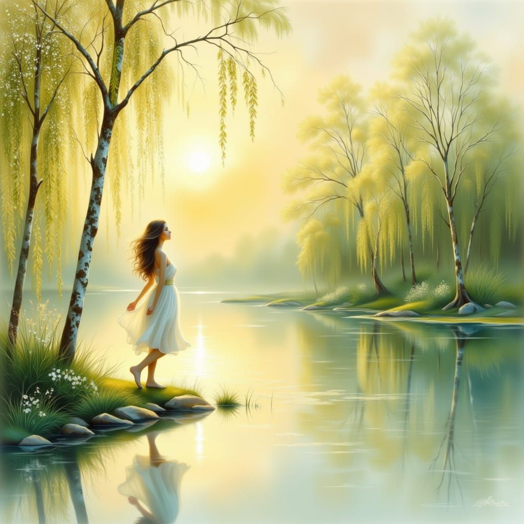 Luminous Spring Lakeside Sunrise in Delicate Pointillism