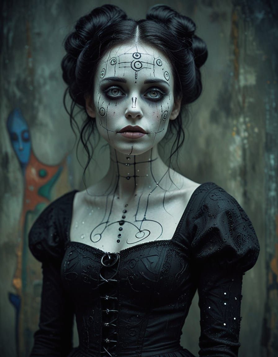 Ethereal Gothic Woman in Klimtian Noir Surrealism