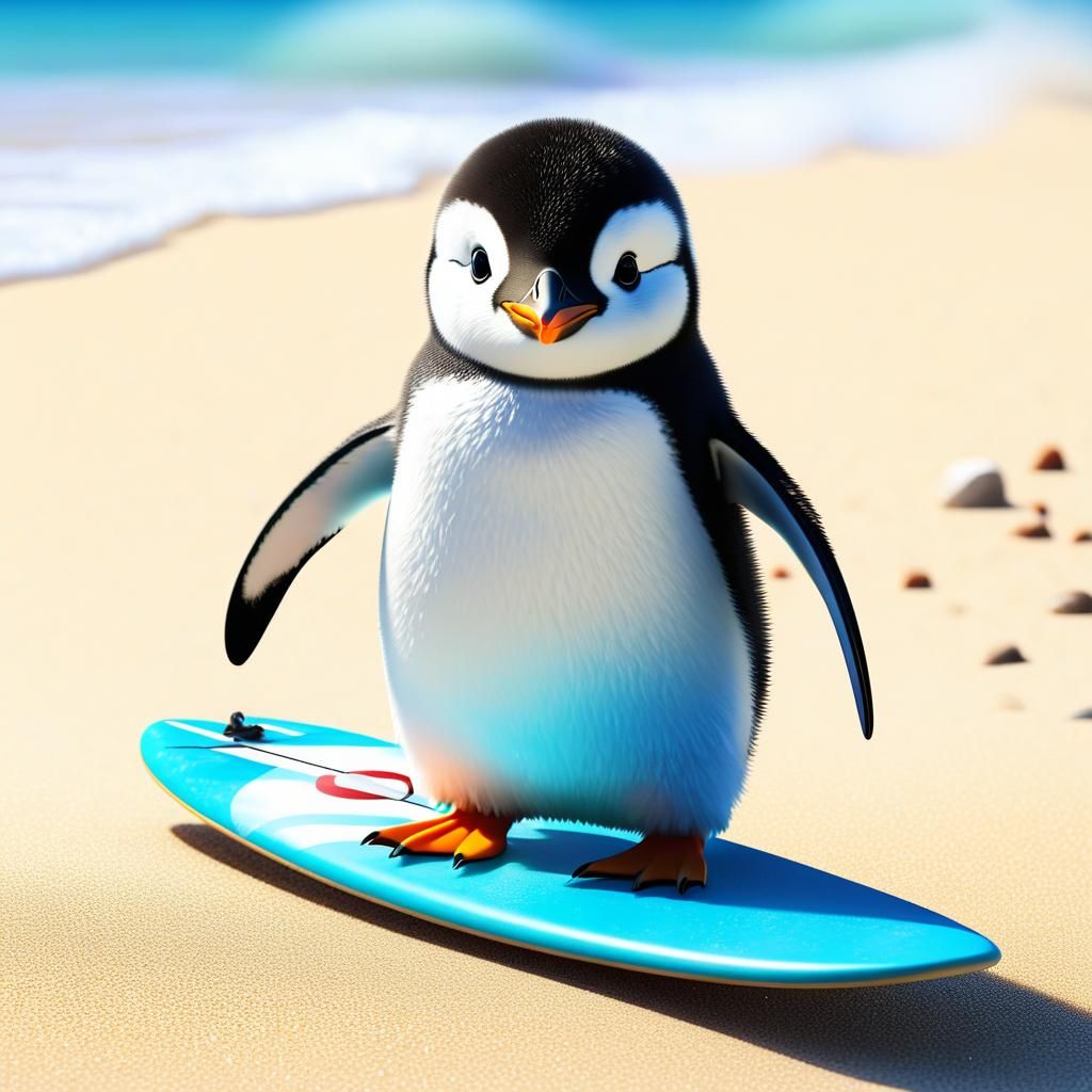Penguin with Surfboard on the Beach