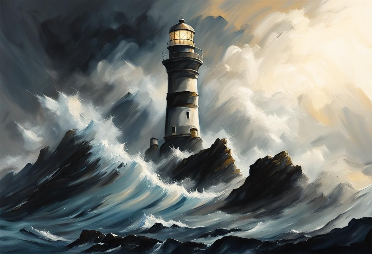 Australian landscape painting. Medium shot of storm-battered lighthouse on a cliff. Dramatic low angle shot. Immersive, ...