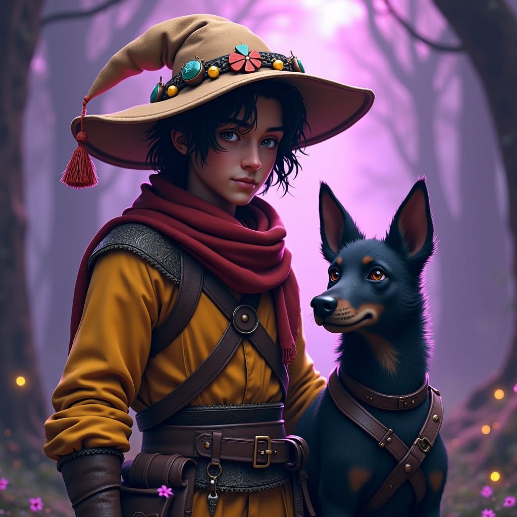 Medieval Traveler with Dog in Dark Fantasy Realm