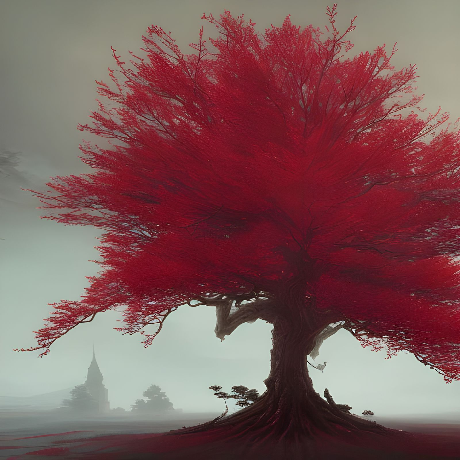 Sinister Red Sakura Tree in Baroque Horror Style