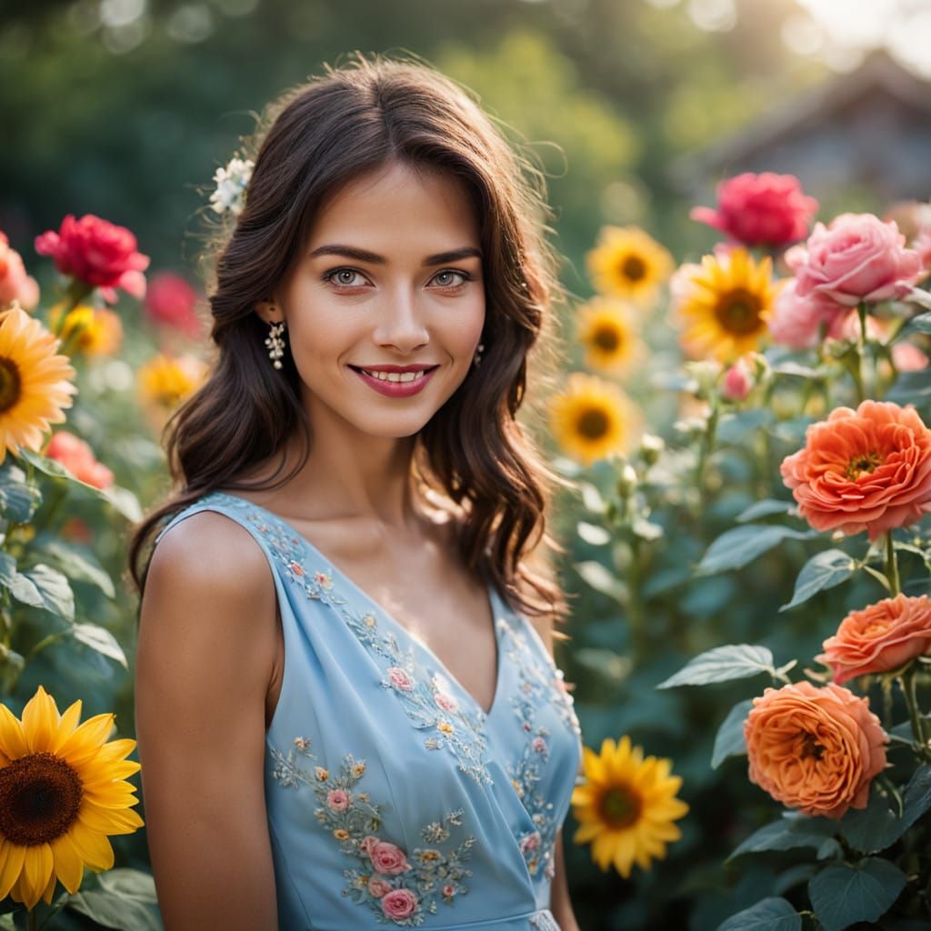 Woman in Elegant Floral Setting with Vibrant Colors