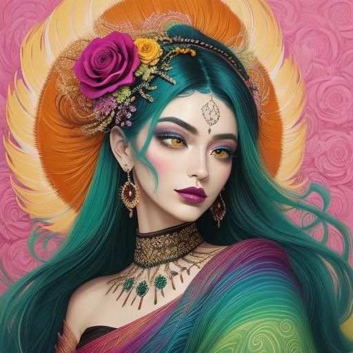 Abstract Portrait of Woman with Peacock Feathers