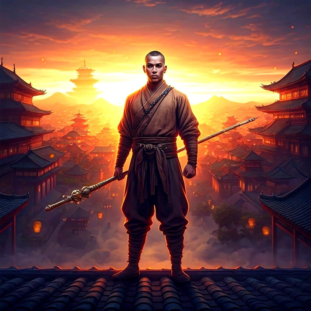 Warrior Monk Overlooking Fantasy City in Detailed Matte Pain...
