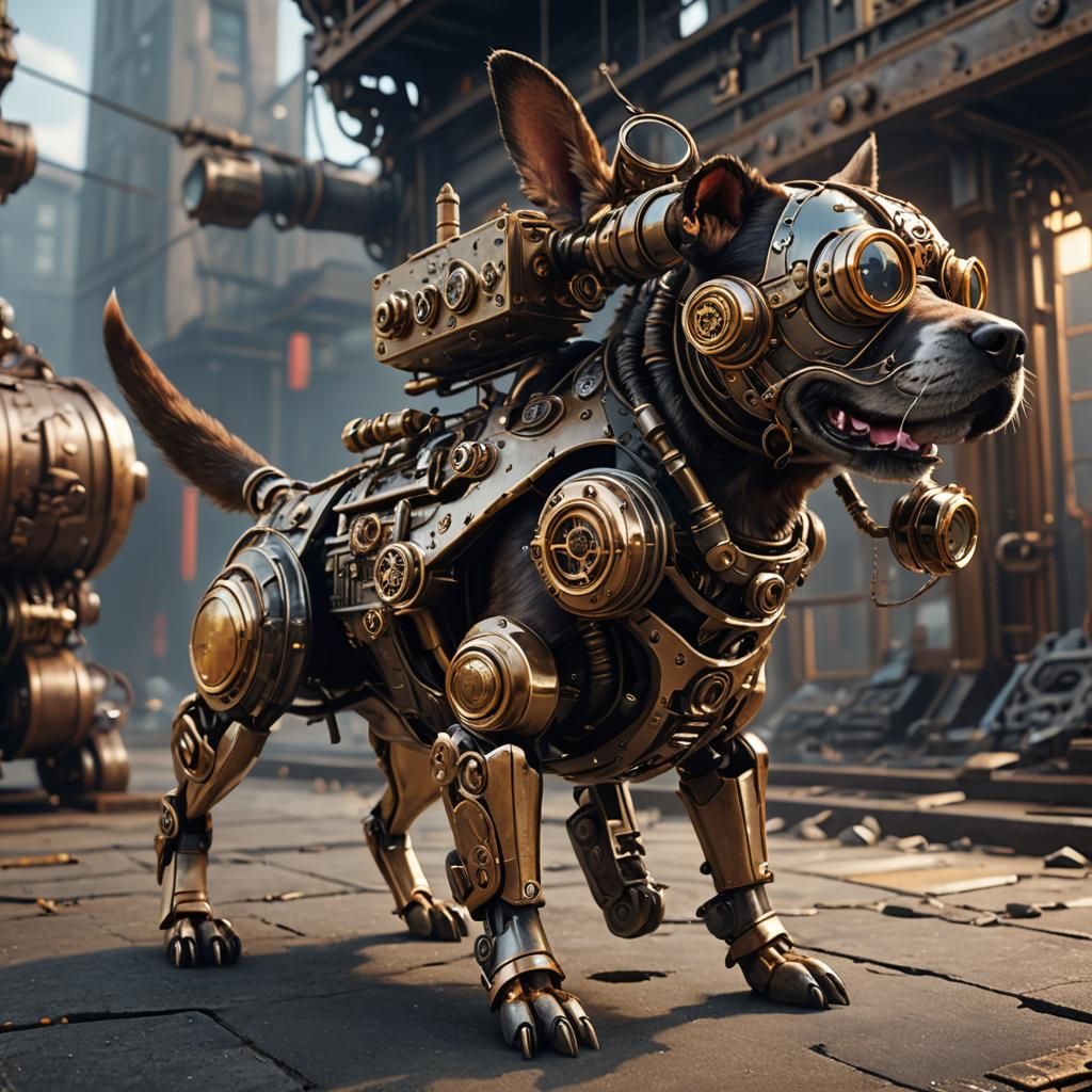 Steampunk Dog with Goggles and Mech Details