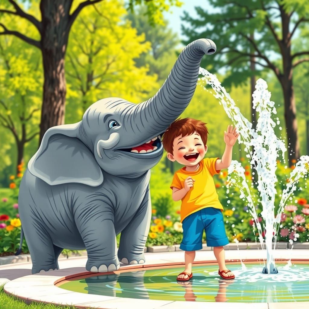 Elephant Delights Boy with Splashy Fountain Fun