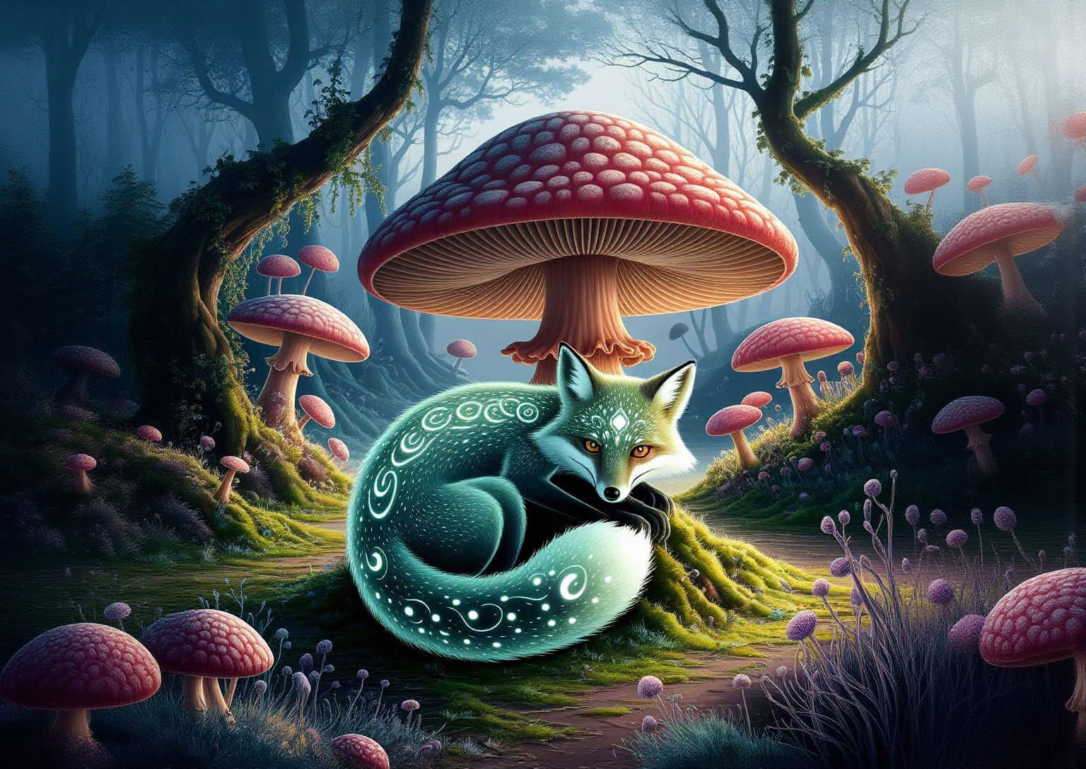 Bioluminescent Fox with Glowing Patterns on Giant Mushroom