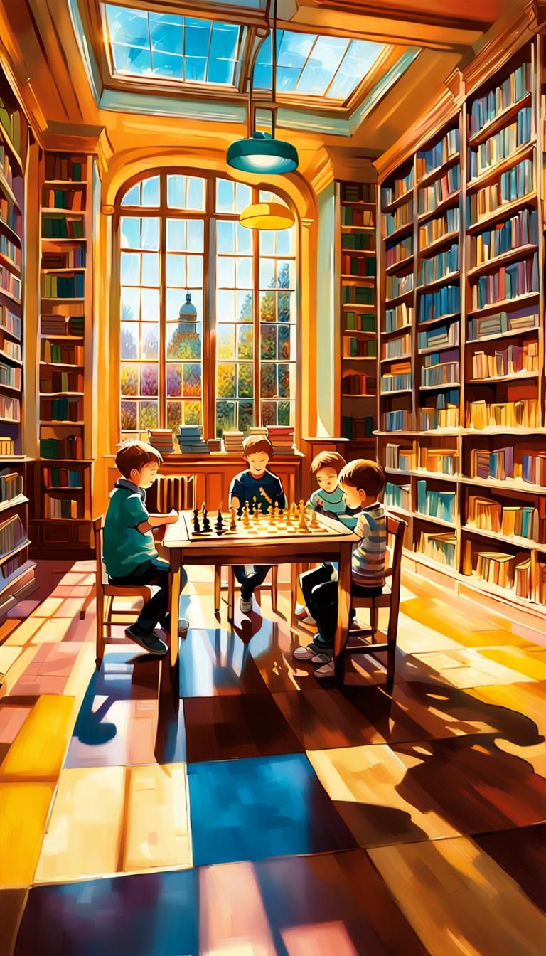 Children Play Chess in Bright Library: Van Gogh Style
