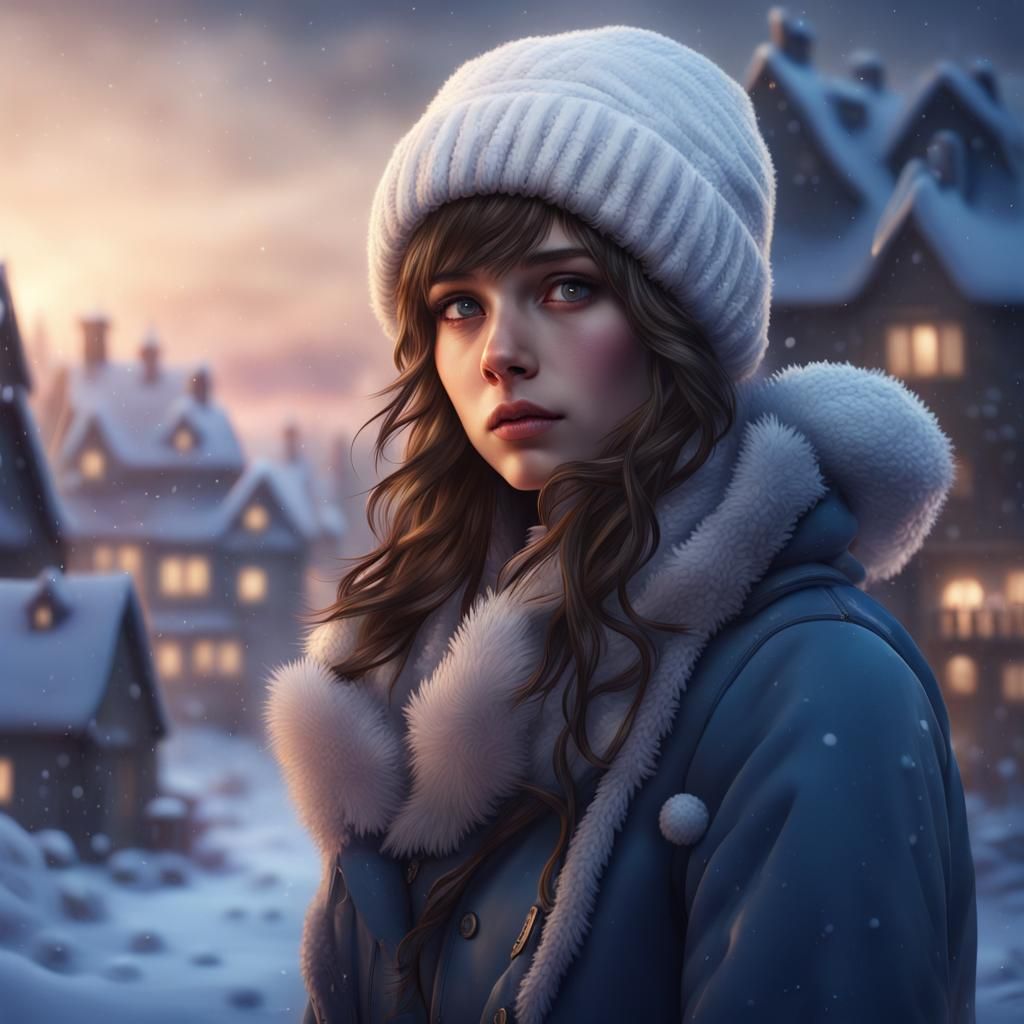 Winter Portrait of Girl in Blue Hour Twilight