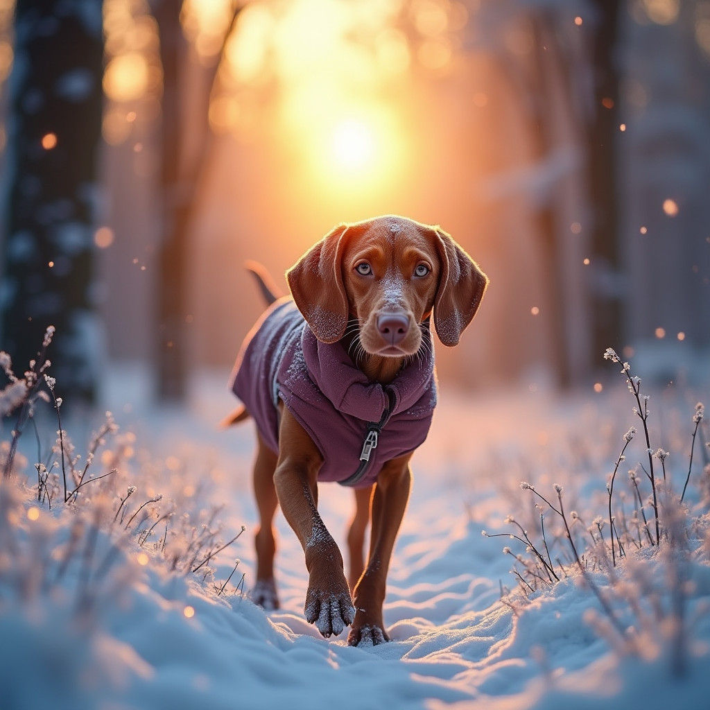 Vizsla Dog in Winter Forest Sunrise: Matte Painting