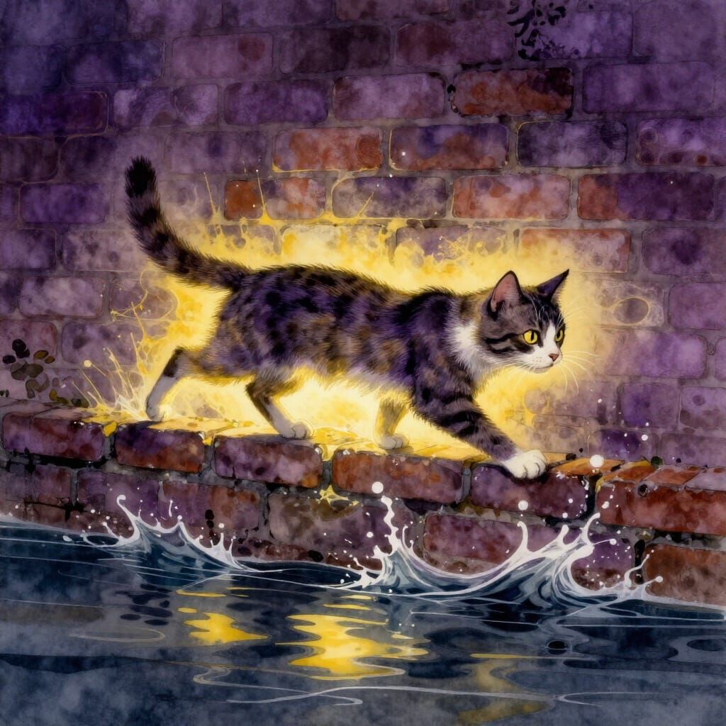 Luminous Cat Runs Brick Wall in Watercolor Style