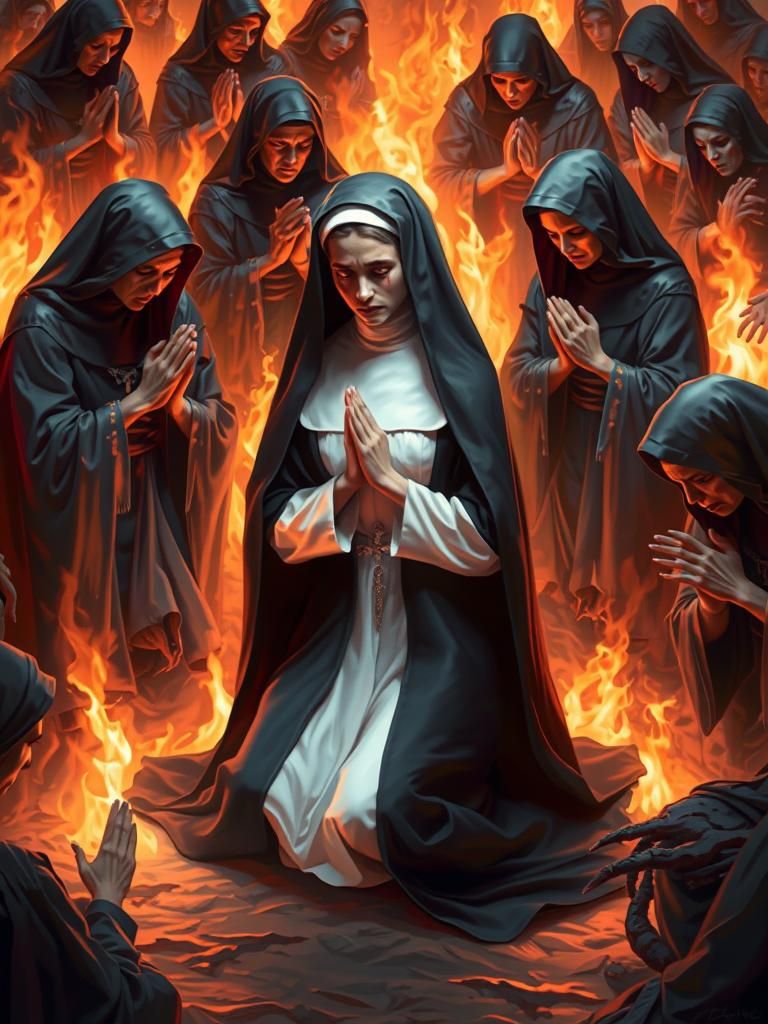 Sorrowful Nun Praying in Fiery Hellscape