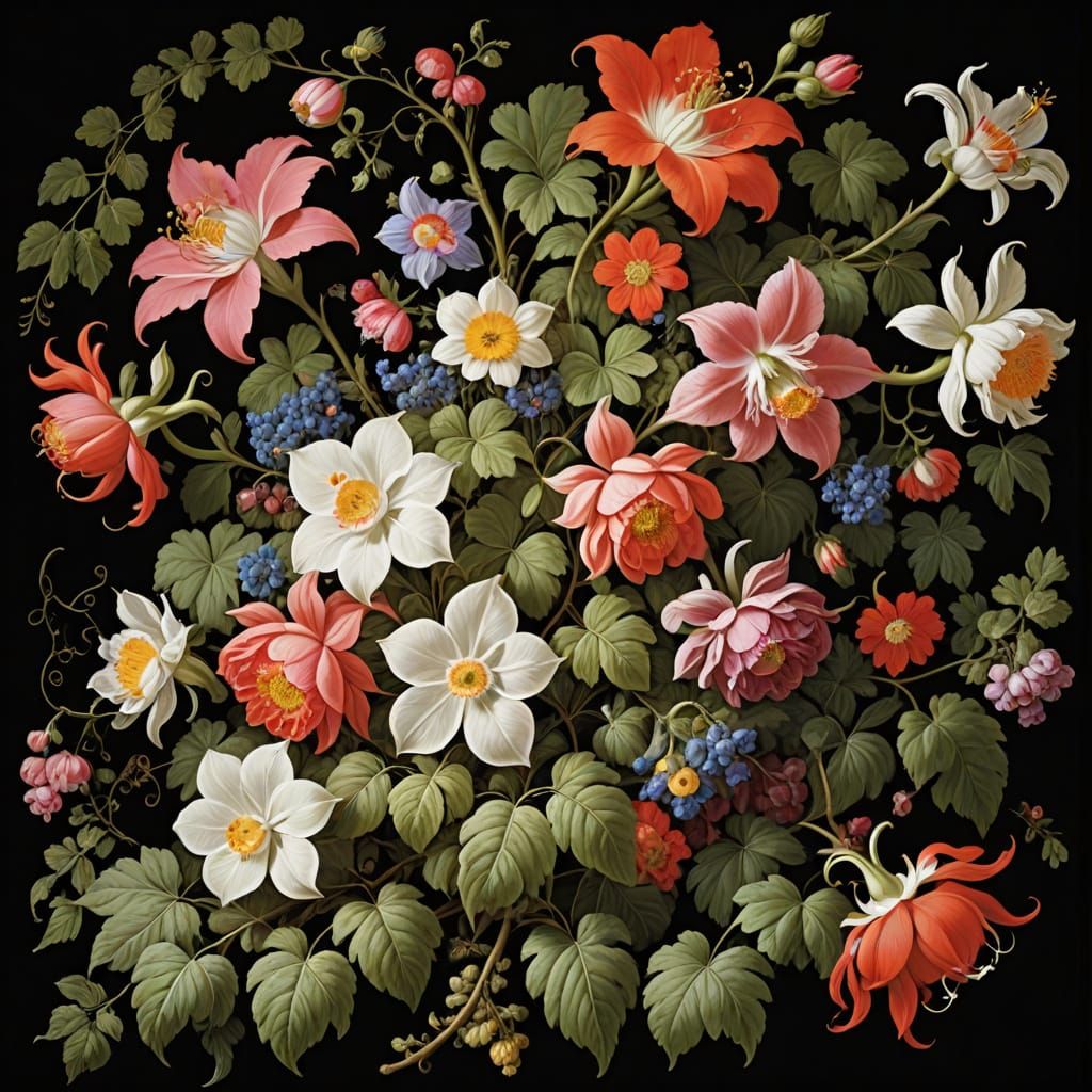 Hyperrealistic Flower Vine Inspired by Dutch Masters