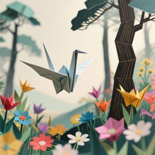 Origami Crane in Vibrant Paper Ecosystem